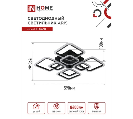 Светодиодный светильник IN HOME ELEGANT ARIS-B 120Вт 230В 3000-6500K 8400Лм 590x590x130мм c пультом ДУ черный 4690612035437