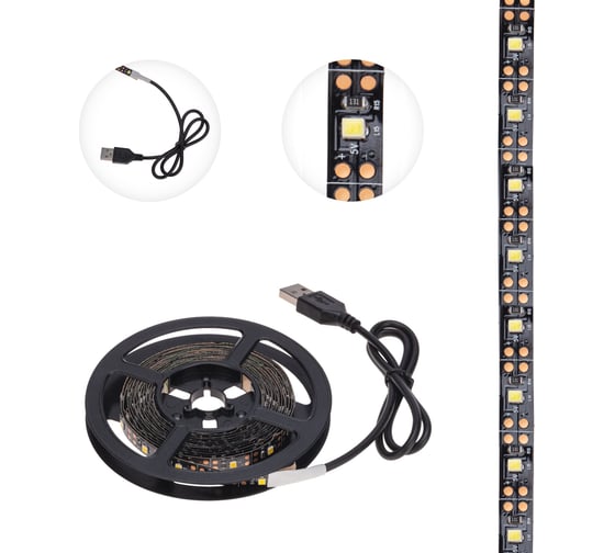Светодиодная лента Lamper 5В, smd2835, 4,8Вт/м, 60 led/м, 2700k, 8мм, 3м, с usb коннектором, черная, ip20 141-2004