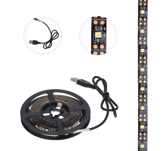 Светодиодная лента Lamper 5В, smd2835, 4,8Вт/м, 60 led/м, 6500k, 8мм, 3м, с usb коннектором, черная, ip20 141-2003