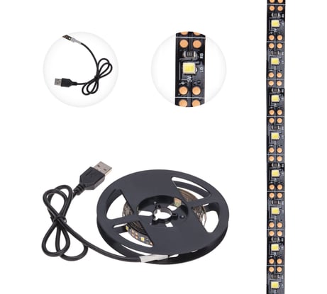 Светодиодная лента Lamper 5В, smd2835, 4,8Вт/м, 60 led/м, 6500k, 8мм, 2м, с usb коннектором, черная, ip20 141-2001