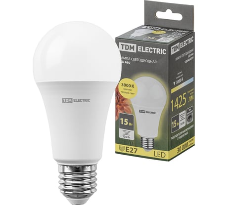 Светодиодная лампа TDM ELECTRIC А60 15 Вт, 230 В, 3000 К, E27 SQ0340-0379