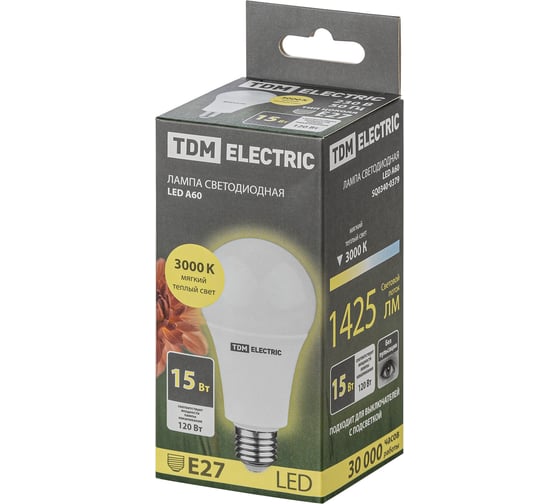 Светодиодная лампа TDM ELECTRIC А60 15 Вт, 230 В, 3000 К, E27 SQ0340-0379