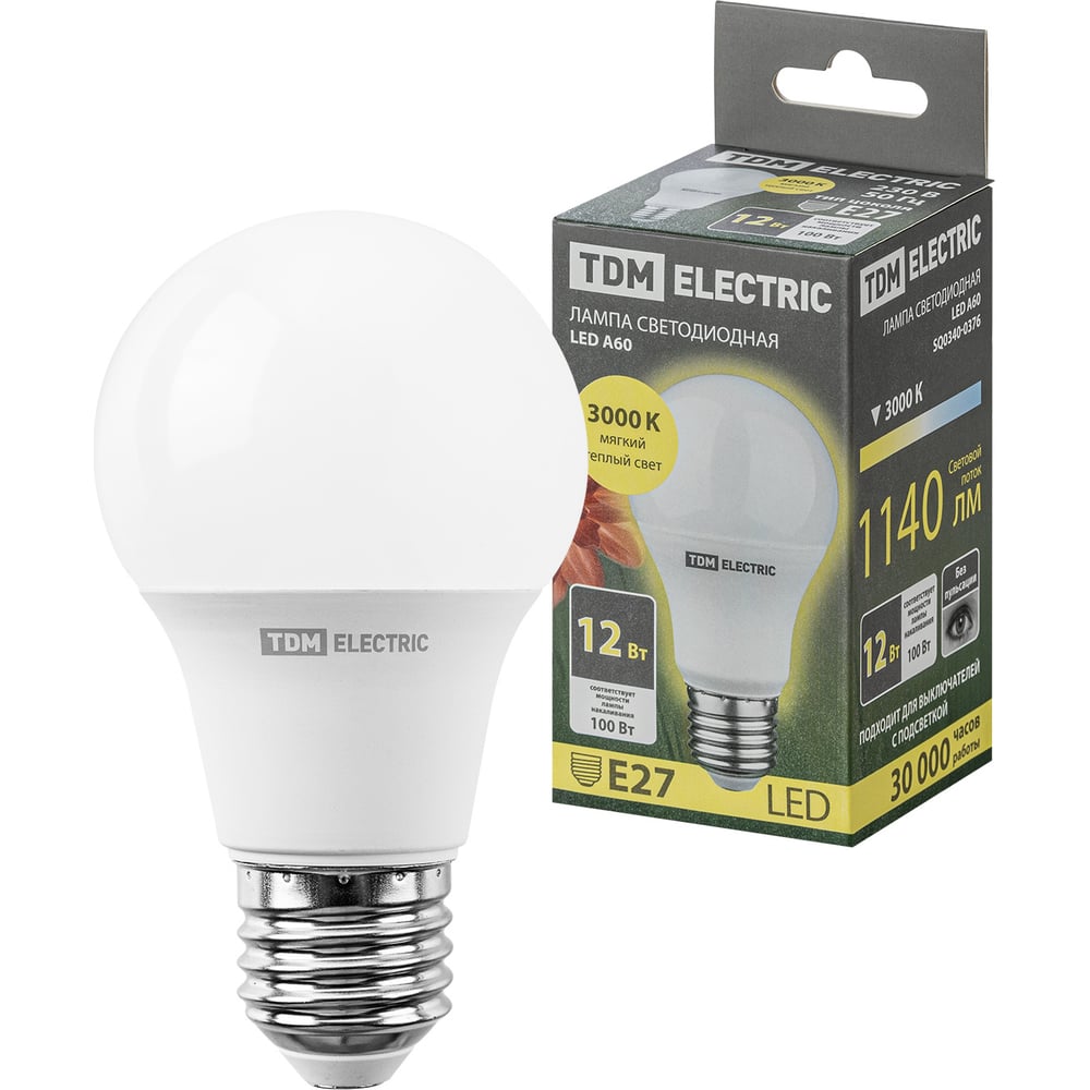 Светодиодная лампа TDM А60 12 Вт, 230 В, 3000 К, E27 SQ0340-0376 ...