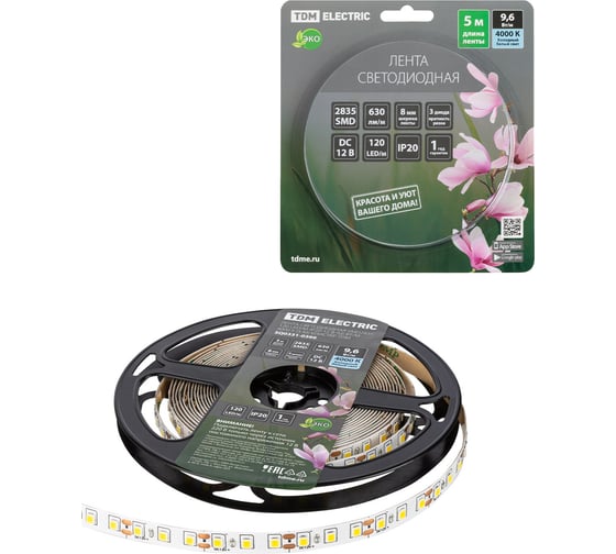 Светодиодная лента TDM SMD2835-120 LED/м-IP20-12 В-9,6 Вт/м-4000 К (5 м) блистер SQ0331-0366 1