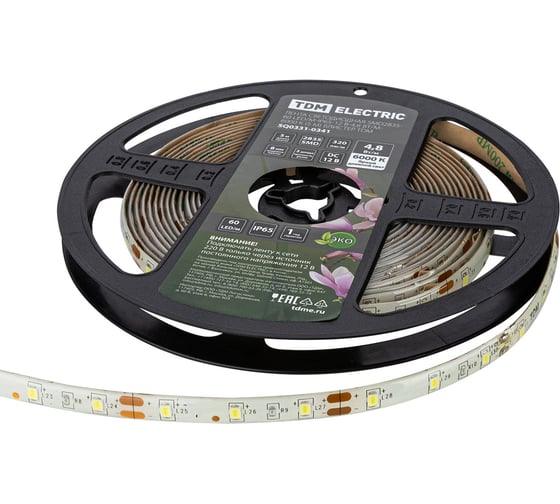 Светодиодная лента TDM SMD2835-60 LED/м-IP65-12 В-4,8 Вт/м-6000 К (5 м) блистер SQ0331-0341