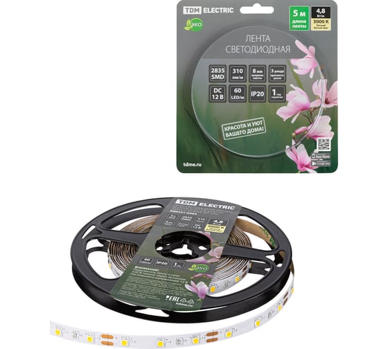 Светодиодная лента TDM SMD2835-60 LED/м-IP20-12 В-4,8 Вт/м-3000 К (5 м) блистер SQ0331-0364