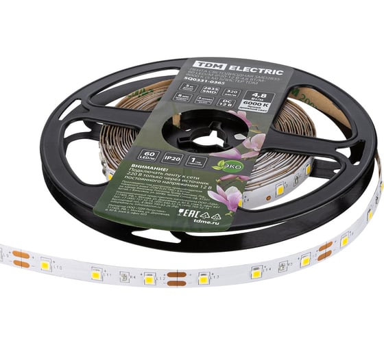 Светодиодная лента TDM ELECTRIC SMD2835-60 LED/м-IP20-12 В-4,8 Вт/м-6000 К (5 м) блистер SQ0331-0365
