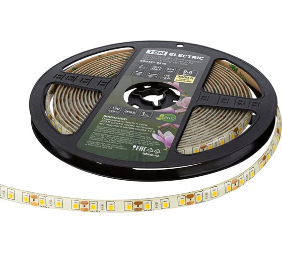 Светодиодная лента TDM SMD2835-120 LED/м-IP65-12 В-9,6 Вт/м-3000 К (5 м) блистер SQ0331-0338