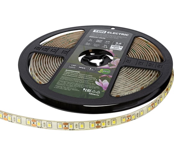 Светодиодная лента TDM SMD2835-120 LED/м-IP65-12 В-9,6 Вт/м-6000 К (5 м) блистер SQ0331-0339