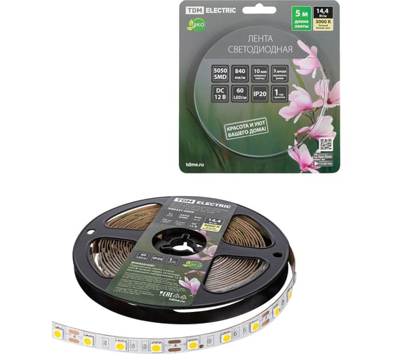 Светодиодная лента TDM SMD5050-60 LED/м-IP20-12 В-14,4 Вт/м-3000 К (5 м) блистер SQ0331-0369 1