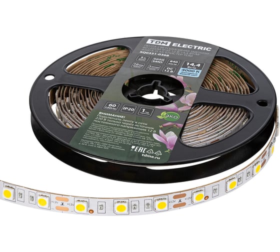 Светодиодная лента TDM SMD5050-60 LED/м-IP20-12 В-14,4 Вт/м-4000 К (5 м) блистер SQ0331-0368