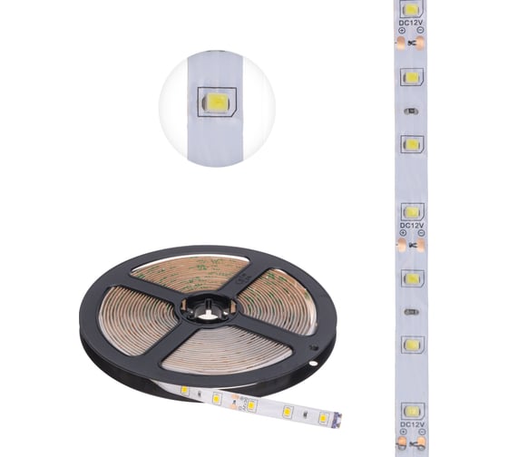 Светодиодная лента Lamper 12в, smd2835, 4,8вт/м, 60 led/м, 2700к, 8мм, 5м, для бп с клеммами, ip65 141-2016