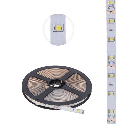 Светодиодная лента Lamper 12в, smd2835, 4,8вт/м, 60 led/м, 6500к, 8мм, 5м, для бп с клеммами, ip65 141-2015