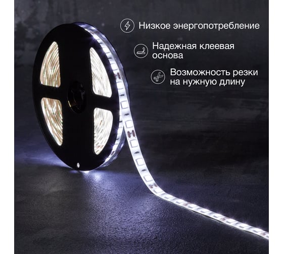 Светодиодная лента Lamper 12в, smd5050, 14,4вт/м, 60 led/м, 6500к, 10мм, 5м, для бп с клеммами, ip65 141-2027