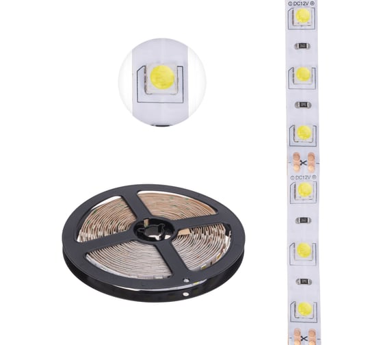 Светодиодная лента Lamper 12в, smd5050, 14,4вт/м, 60 led/м, 6500к, 10мм, 5м, для бп с клеммами, ip20 141-2024 1