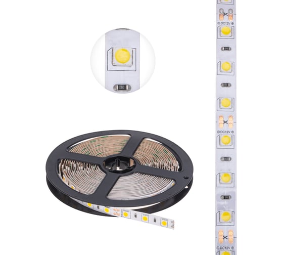Светодиодная лента Lamper 12в, smd5050, 14,4вт/м, 60 led/м, 2700к, 10мм, 5м, для бп с клеммами, ip20 141-2025