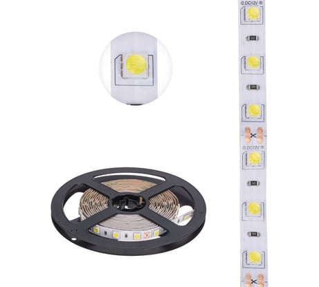 Светодиодная лента Lamper 12в, smd5050, 14,4вт/м, 60 led/м, 6500к, 10мм, 3м, для бп с клеммами, ip20 141-2021
