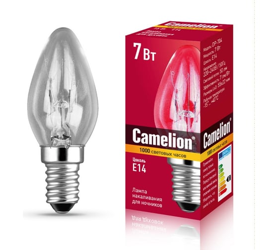Лампа накаливания для ночников Camelion DP-704 прозрачная, 1шт, 220V, 7W, Е14 13650