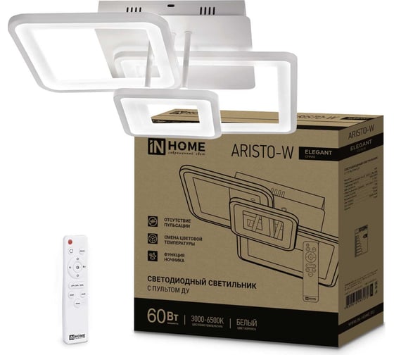 Светодиодный светильник IN HOME elegant aristo-w 60Вт, 230В, 3000-6500k, 4700лм, 531x448x151мм, пульт ду, белый 4690612047270