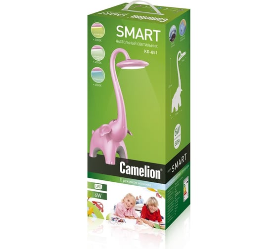Настольный светильник Camelion KD-851 C14 розовый LED Слон 6Вт, 230В, сенсорный, 3 уровня яркости, 3 цветовые температуры, ночник 13303