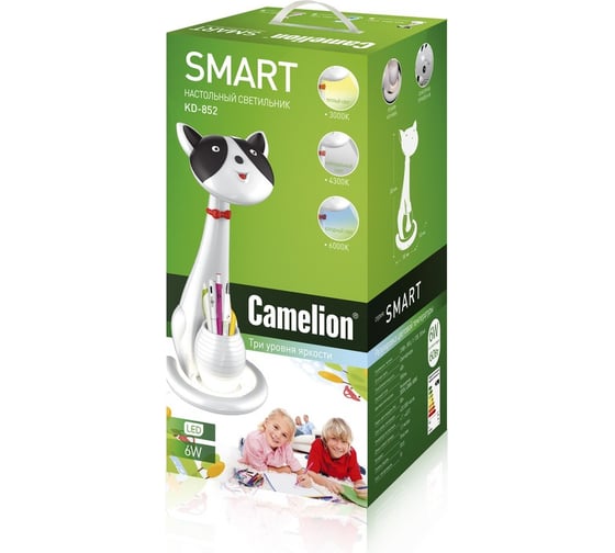 Настольный светильник Camelion KD-852 C32 белый&черный LED Кошка 6Вт, 230В, сенсорный, 3 уровня яркости, 3 цветовые температуры, ночник 13308