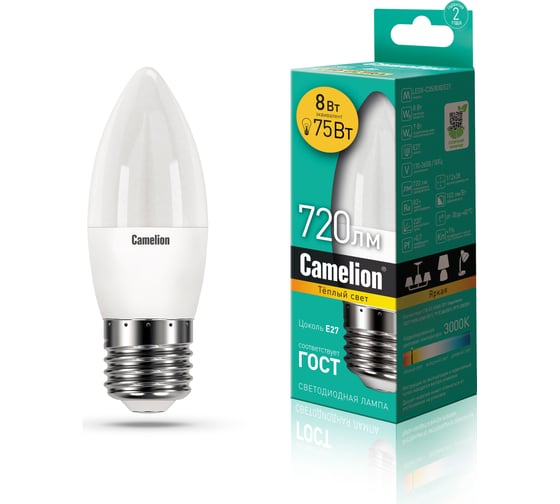Светодиодная лампа Camelion LED8-C35/830/E27 8Вт 220В 12389
