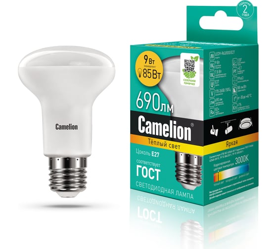 Светодиодная лампа Camelion LED9-R63/830/E27 9Вт 220В 13476