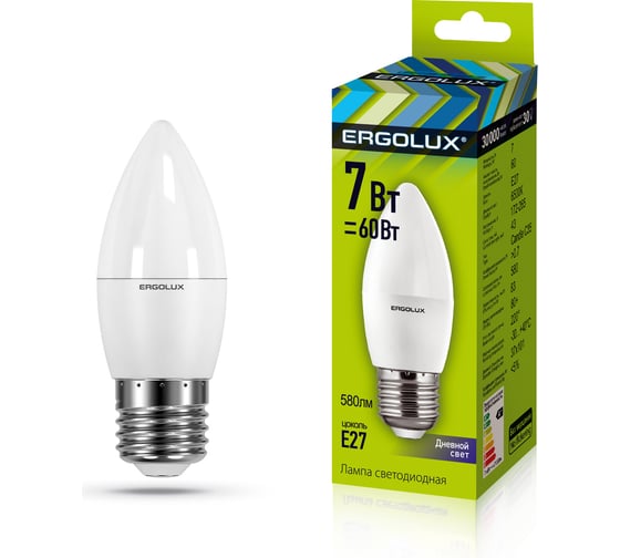 Электрическая светодиодная лампа Ergolux LED-C35-7W-E27-6K Свеча 7Вт E27 6500K 172-265В 13299 1