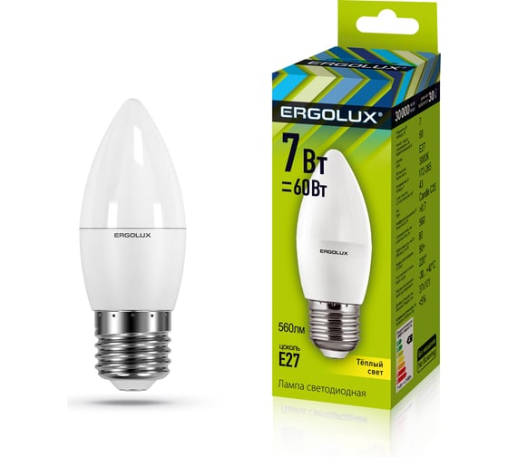 Электрическая светодиодная лампа Ergolux LED-C35-7W-E27-3K Свеча 7Вт E27 3000K 172-265В 13297 1