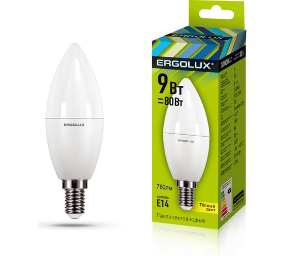 Электрическая светодиодная лампа Ergolux LED-C35-9W-E14-3K Свеча 9Вт E14 3000K 172-265В 13167 1