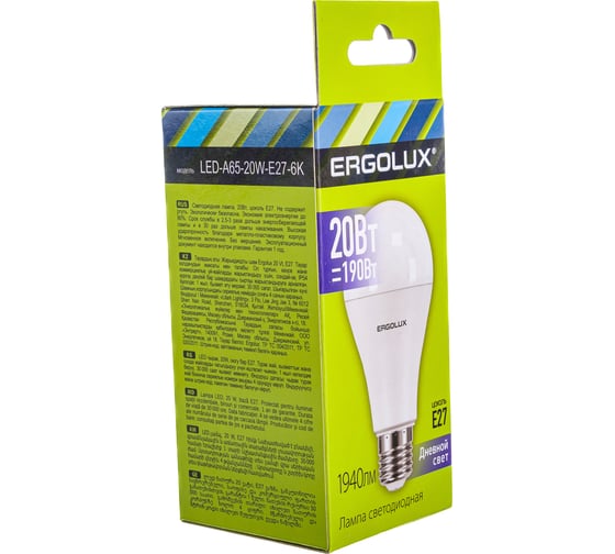 Электрическая светодиодная лампа Ergolux LED-A65-20W-E27-6K ЛОН 20Вт E27 6500K 172-265В 13184