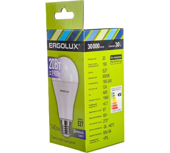 Электрическая светодиодная лампа Ergolux LED-A65-20W-E27-6K ЛОН 20Вт E27 6500K 172-265В 13184