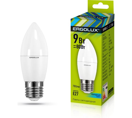 Электрическая светодиодная лампа Ergolux LED-C35-9W-E27-4K Свеча 9Вт E27 4500K 172-265В 13171
