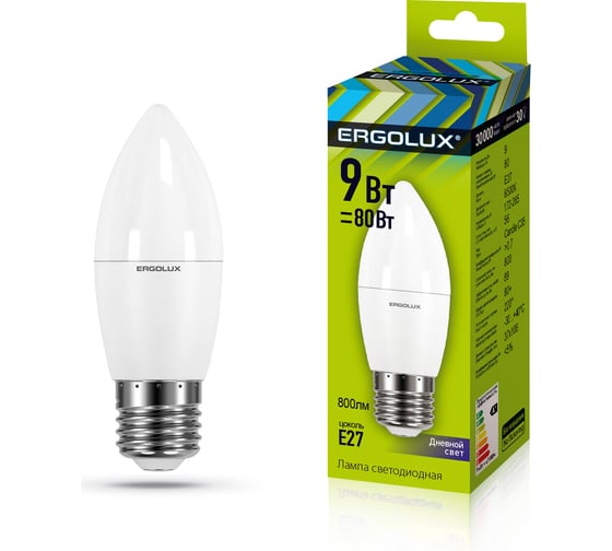 Электрическая светодиодная лампа Ergolux LED-C35-9W-E27-6K Свеча 9Вт E27 6500K 172-265В 13172