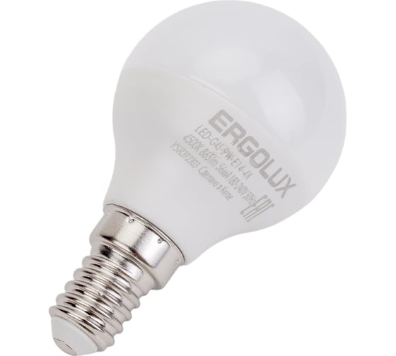Электрическая светодиодная лампа Ergolux LED-G45-9W-E14-4K Шар 9Вт E14 4500K 172-265В 13174