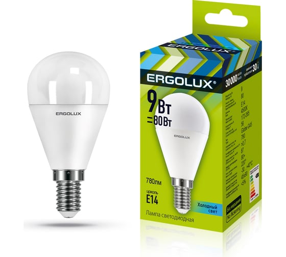 Электрическая светодиодная лампа Ergolux LED-G45-9W-E14-4K Шар 9Вт E14 4500K 172-265В 13174