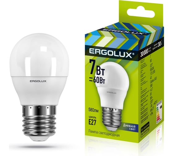 Электрическая светодиодная лампа Ergolux LED-G45-7W-E27-6K Шар 7Вт E27 6500K 172-265В 12877 1