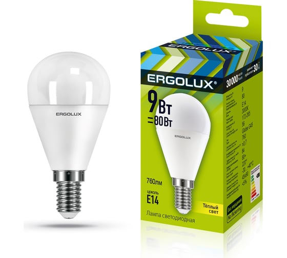 Электрическая светодиодная лампа Ergolux LED-G45-9W-E14-3K Шар 9Вт E14 3000K 172-265В 13173 1