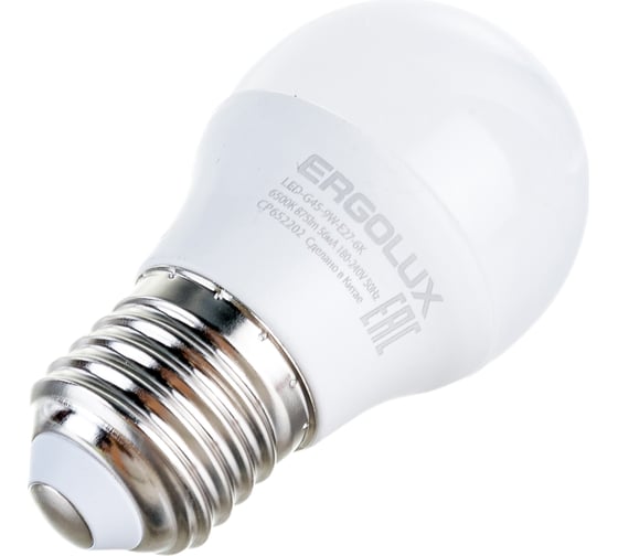 Электрическая светодиодная лампа Ergolux LED-G45-9W-E27-6K Шар 9Вт E27 6500K 172-265В 13178