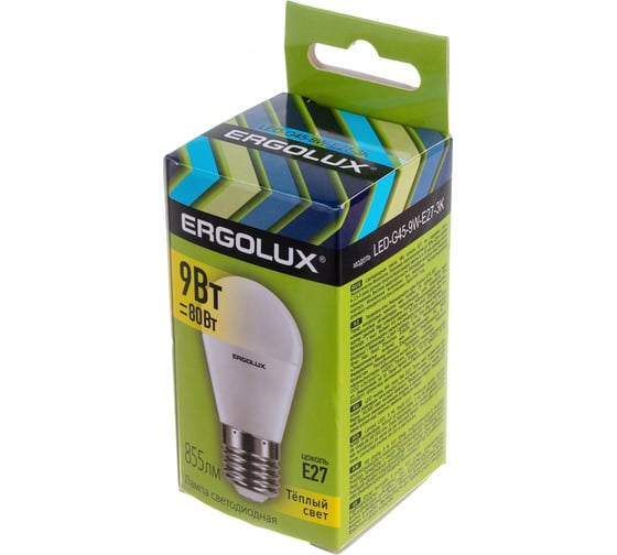 Электрическая светодиодная лампа Ergolux LED-G45-9W-E27-3K Шар 9Вт E27 3000K 172-265В 13176