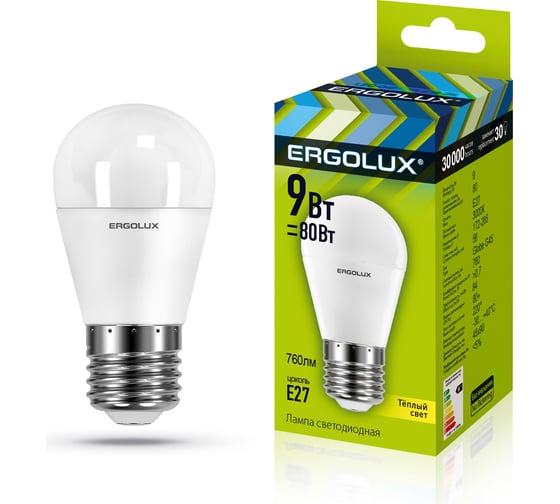 Электрическая светодиодная лампа Ergolux LED-G45-9W-E27-3K Шар 9Вт E27 3000K 172-265В 13176 1