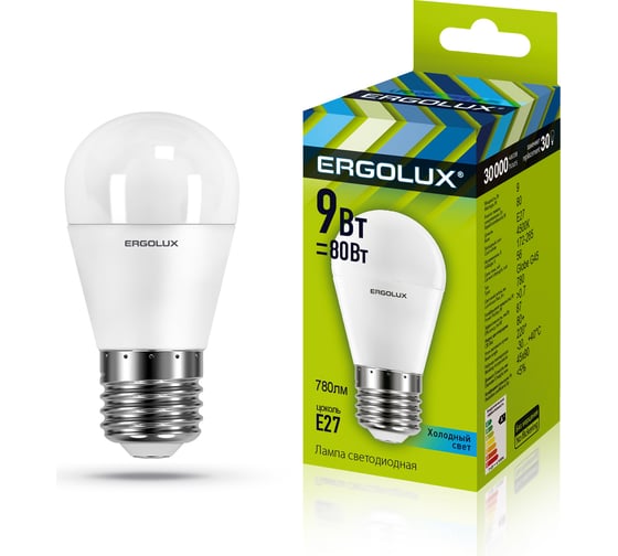 Электрическая светодиодная лампа Ergolux LED-G45-9W-E27-4K Шар 9Вт E27 4500K 172-265В 13177