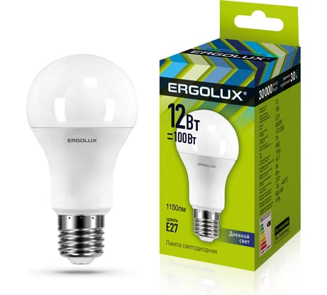 Электрическая светодиодная лампа Ergolux LED-A60-12W-E27-6K  ЛОН 12Вт E27 6500K 172-265В 12880