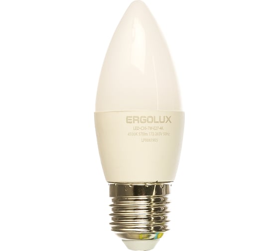 Электрическая светодиодная лампа Ergolux LED-C35-7W-E27-4K  Свеча 7Вт E27 4500K 172-265В 13298