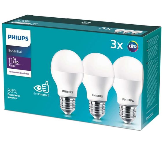 Упаковка из 3-х светодиодных ламп PHILIPS ESS LEDBulb 11-95Вт E27 нейтральный белый свет 530624