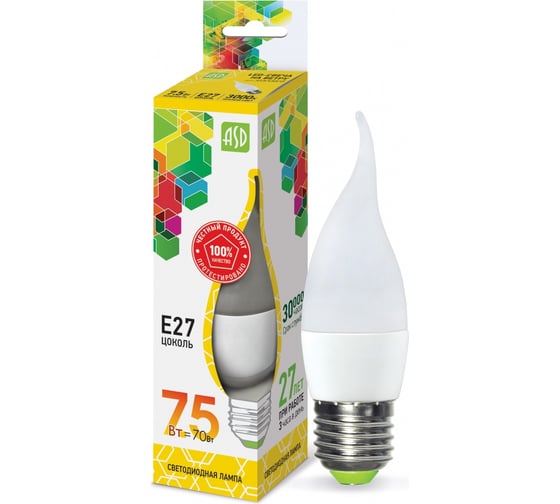 ASD Лампа сд LED-СВЕЧА НА ВЕТРУ-std 7.5Вт 230В Е27 3000К 675Лм 4690612004570 1