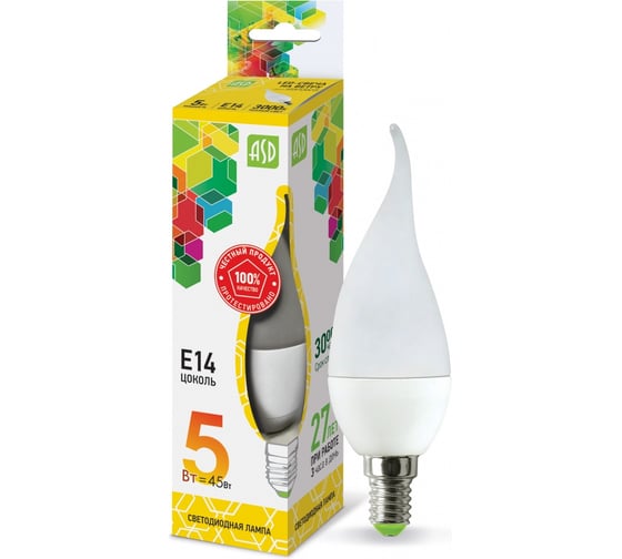 ASD Лампа сд LED-СВЕЧА НА ВЕТРУ-std 5Вт 230В Е14 3000К 450Лм 4690612004518