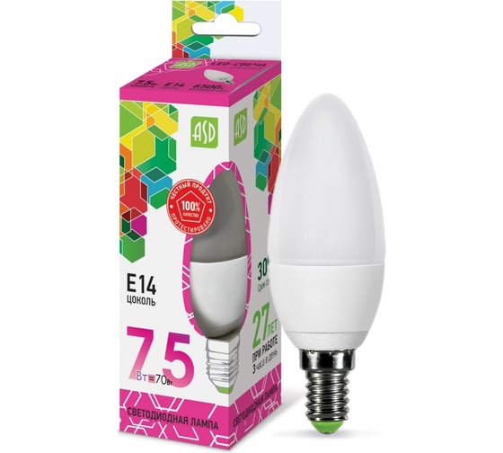 ASD Лампа сд LED-СВЕЧА-std 7.5Вт 230В Е14 6500К 675Лм 4690612019031