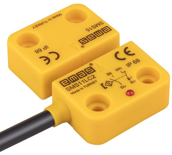 Магнитный датчик Emas 1НЗ+1НО, провод 2м, расстояние срабатывания 5мм, индикация LED, левый выход, IP68 SMS11LC2-S15 1