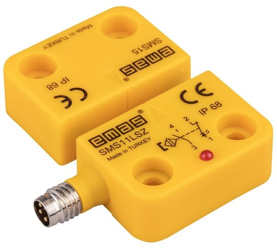 Магнитный датчик Emas 1НЗ+1НО, разъём M8_4, расстояние срабатывания 5мм, индикация LED, левый выход, IP68 SMS11LSZ-S15 1
